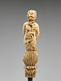 Knife with carved handle of nude female with crescent in hair standing in a half shell holding a swag, Steel gilt, ivory, Italian