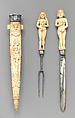 Wedding knife, fork and sheath, Ephraim How (British, 1652–1720), Ivory, steel, silver, aggregate inlay, British or Dutch