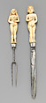 Wedding knife, fork and sheath, Ephraim How (British, 1652–1720), Ivory, steel, silver, aggregate inlay, British or Dutch