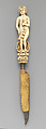 Knife with carved handle of nude female with crescent in hair standing in a half shell holding a swag, Steel gilt, ivory, Italian