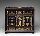 Cabinet with gold mounts and relief, After a design by Reinhold Vasters (German, Erkelenz 1827–1909 Aachen), Pine and walnut veneered with ebony; gold, enamel, diamonds, rubies, German, Aachen