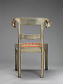 Side chair with rams' heads (one of a pair), White alloy metal sheets (silvered?) over wooden core, probaly teak; silk and metallic woven textile, Anglo-Indian