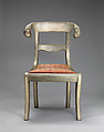 Side chair with rams' heads (one of a pair), White alloy metal sheets (silvered?) over wooden core, probaly teak; silk and metallic woven textile, Anglo-Indian
