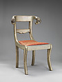 Side chair with rams' heads (one of a pair), White alloy metal sheets (silvered?) over wooden core, probably teak; silk and metallic woven textile, Anglo-Indian