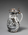Jug with cavalry scene, Wölfgang Rössler (German, 1650–1717, active Nuremburg), Tin-glazed earthenware; gilded silver mounts, German, with Nuremburg decoration and Augsburg mounts