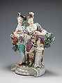 Youth playing hurdy-gurdy, girl teaching dog dressed as harlequin to dance, Derby Porcelain Manufactory (British, 1751–1785), Soft-paste porcelain, British, Derby