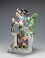 Youth playing hurdy-gurdy, girl teaching dog dressed as harlequin to dance, Derby Porcelain Manufactory (British, 1751–1785), Soft-paste porcelain, British, Derby