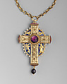 Pectoral cross, Hemmerle (German, 1893–present), Yellow gold (750/1000 or 18-karat finenss), filigree work; opaque blue, black and white enamel, translucent dark red and transparent cream enamel; amethysts, citrine cabochons, chalcedony and pearls, German, Munich