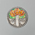 Round brooch with three Mackintosh styled roses in orange and green enamel, Attributed to Frances McNair (British (born Scotland), 1873–1921), Silver, enamel, Scottish, probably Glasgow