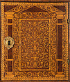 Cabinet on stand, Pine veneered with marquetry of walnut, burl; walnut and holly; oak drawers; brass hardware, British