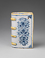 Hand warmer or flask in the shape of a book, Tin-glazed earthenware, British, Lambeth