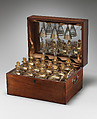 Canteen with twelve bottles, six glasses and one dish, Glass, mahogany, brass, British