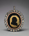 Pendant, Glass, silk, copper, rhinestone, possibly British