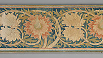 Five pink flowers with foliated tendrils, Morris &amp; Company, Linen embroidered with silk, in non-original frame, British