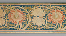 Five pink flowers with foliated tendrils, Morris &amp; Company, Linen embroidered with silk, in non-original frame, British