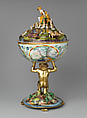 The Orpheus Cup, Jewel animals, amorini, and figurines of the lid attributed to Jan Vermeyen (Brussels (Hapsburg Lowlands) before 1559–1608 Prague), Gold: cast, embossed, and engraved; enamel: ronde-bosse and painted; rubies, Austrian, Vienna