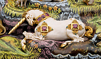 The Orpheus Cup, Jewel animals, amorini, and figurines of the lid attributed to Jan Vermeyen (Brussels (Hapsburg Lowlands) before 1559–1608 Prague), Gold: cast, embossed, and engraved; enamel: ronde-bosse and painted; rubies, Austrian, Vienna