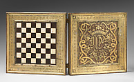 Chess and tric-trac board, Copper-gilt, walnut, ivory, mother-of-pearl, serpentine, rosso antico marble, Spanish, Castile