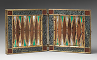 Chess and tric-trac board, Copper-gilt, walnut, ivory, mother-of-pearl, serpentine, rosso antico marble, Spanish, Castile