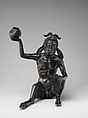 Seated satyr with silvered eyes, Andrea Briosco, called Riccio (Italian, Trent 1470–1532 Padua), Bronze, silver inlay (eyes), Italian, Padua