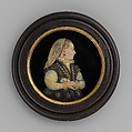 Portrait of a lady, Relief: pigmented wax, black glass, seed pearls, gilding; frame: glass, gilded and black wood, Italian, Florence