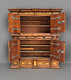 Cabinet (Fassadenschrank), Pine, oak, walnut; Hungarian ash, birch, various fruitwoods, walnut, palisander, other woods, partly stained (marquetry veneer); wrought iron,, German, Nuremberg
