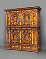 Cabinet (Fassadenschrank), Pine, oak, walnut; Hungarian ash, birch, various fruitwoods, walnut, palisander, other woods, partly stained (marquetry veneer); wrought iron,, German, Nuremberg