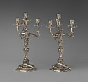 Pair of royal German silver four-light candelabra, Christian Heinrich Ingermann (German, 1713–1778), Cast, chased and engraved silver, German, Dresden