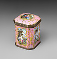 Sugar Box (part of a set), Enamel on copper, British, South Staffordshire