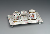 Desk set with inkwell and pounce pot, Enamel on copper, British, possibly Birmingham