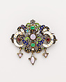 Clasp or brooch, Silver-gilt, enamel, emeralds, garnets, pearls, opals, possibly Austrian