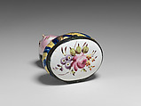Bust of a woman bonbonnière and scent bottle, Enamel on copper, glass, British, possibly South Staffordshire, possibly Bilston