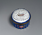 Patch Box with Cupid, “Let groveling minds / For gold contend / For virtuous love / I am a Friend.”, Enamel on copper; mirror glass, British, Bilston