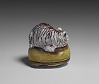 Bonbonnière in the form of a tabby cat, Enamel on copper, British, possibly Bilston