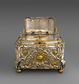 Strongbox with clockwork, Alexander Fromery (German, 1695–1775), Iron, steel, copper, brass, partially silvered and gilded; glass, red silk velvet, German, Berlin