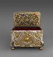 Strongbox with clockwork, Alexander Fromery (German, 1695–1775), Iron, steel, copper, brass, partially silvered and gilded; glass, red silk velvet, German, Berlin