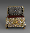 Strongbox with clockwork, Alexander Fromery (German, 1695–1775), Iron, steel, copper, brass, partially silvered and gilded; glass, red silk velvet, German, Berlin