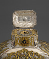 Strongbox with clockwork, Alexander Fromery (German, 1695–1775), Iron, steel, copper, brass, partially silvered and gilded; glass, red silk velvet, German, Berlin