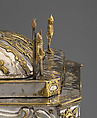 Strongbox with clockwork, Alexander Fromery (German, 1695–1775), Iron, steel, copper, brass, partially silvered and gilded; glass, red silk velvet, German, Berlin