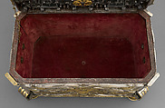Strongbox with clockwork, Alexander Fromery (German, 1695–1775), Iron, steel, copper, brass, partially silvered and gilded; glass, red silk velvet, German, Berlin