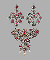 Pair of earrings (part of a set), Silver, silver gilt and rubies, Italian