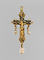 Reliquary crucifix pendant, Gold, enamel, pearls; hair, Russian or Spanish