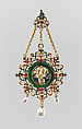 Pendant, Frame based on a design by Reinhold Vasters (German, Erkelenz 1827–1909 Aachen), Gold, enamel, green quartz, rubies, diamonds, pearls, German or French