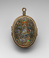 Pendant reliquary, Silver gilt, reverse-painted rock crystal, painted vellum, Northern Italian, Lombardy