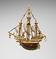 Pendant in the form of a ship, Alfred André (French, 1839–1919), Gold, partly enameled and set with gems; baroque pearl; rock crystal, French, Paris