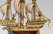 Pendant in the form of a ship, Alfred André (French, 1839–1919), Gold, partly enameled and set with gems; baroque pearl; rock crystal, French, Paris