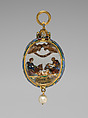 Pendant, Rock crystal, enameled gold, pearl, German