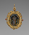 Pendant reliquary with deptiction of the Virgin Mary and St. John the Baptist, Gold, rock crystal, enamel, verre églomisé, Spanish