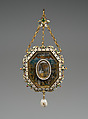 Pendant with Scenes from the Life of Christ and Two Saints, Reinhold Vasters (German, Erkelenz 1827–1909 Aachen), Verre eglomisé with enameled gold mounts and with a pendant pearl, German or French