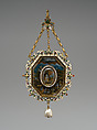 Pendant with Scenes from the Life of Christ and Two Saints, Reinhold Vasters (German, Erkelenz 1827–1909 Aachen), Verre eglomisé with enameled gold mounts and with a pendant pearl, German or French